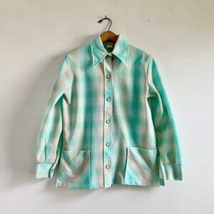 Vintage 70s Pastel Plaid Chore Shirt | Aqua Pink | Lightweight Poly Jacket | M/L